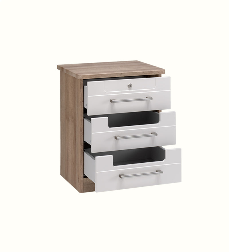 Admonere three-drawer bedside table for a dementia care home bedroom, alternate view