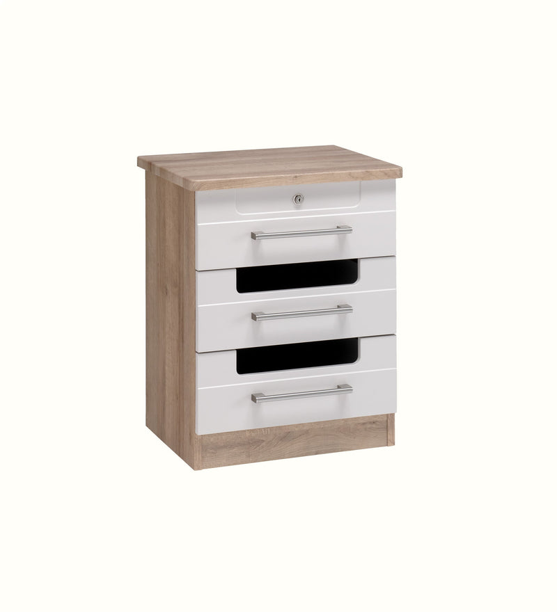 Admonere three-drawer bedside table for a dementia care home bedroom