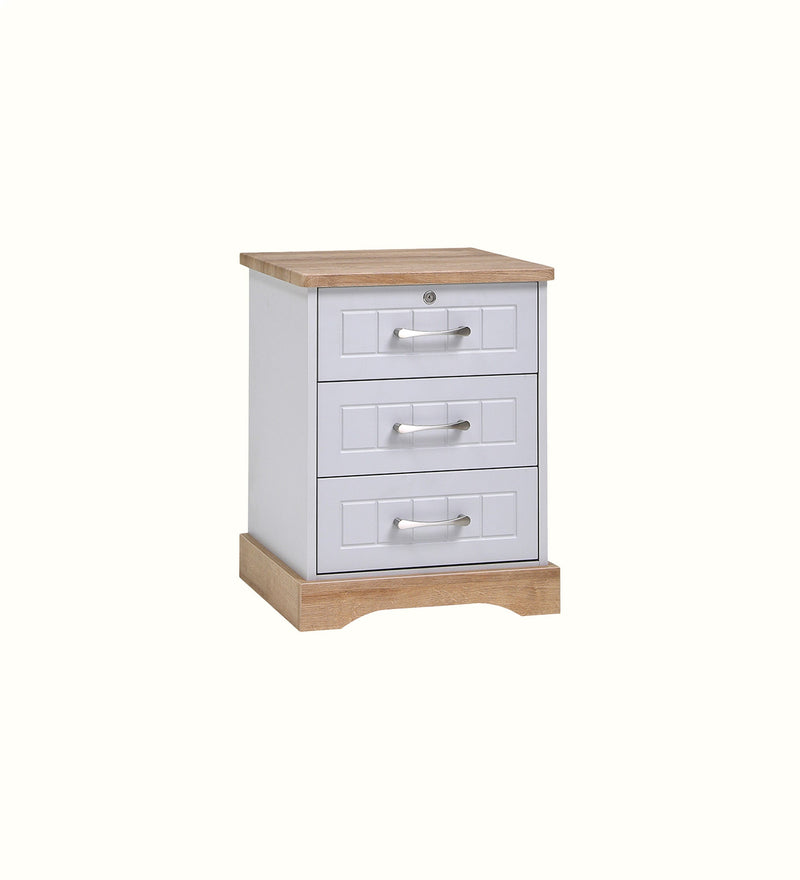Dawson three-drawer care home bedside table with lockable top drawer and grey-and-oak finish