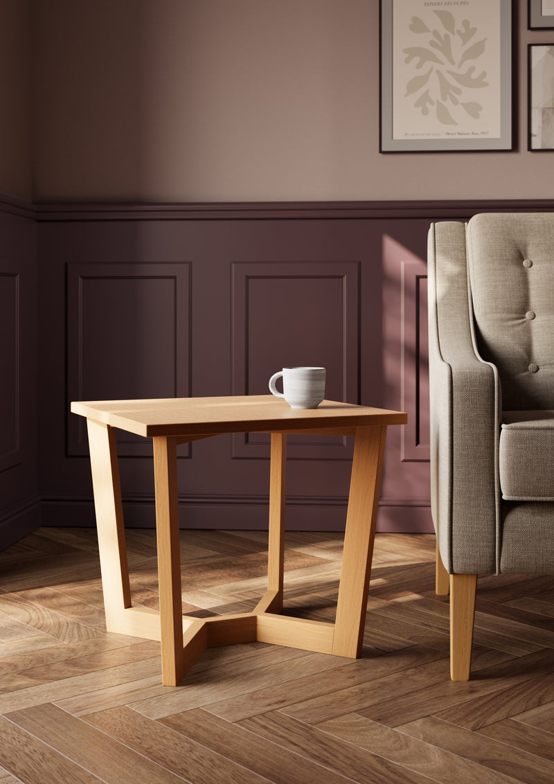 Denali square lamp table shown in a styled elderly care communal area