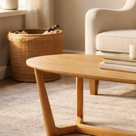 Wooden coffee table in a living room setting with a chair, basket, and plant.