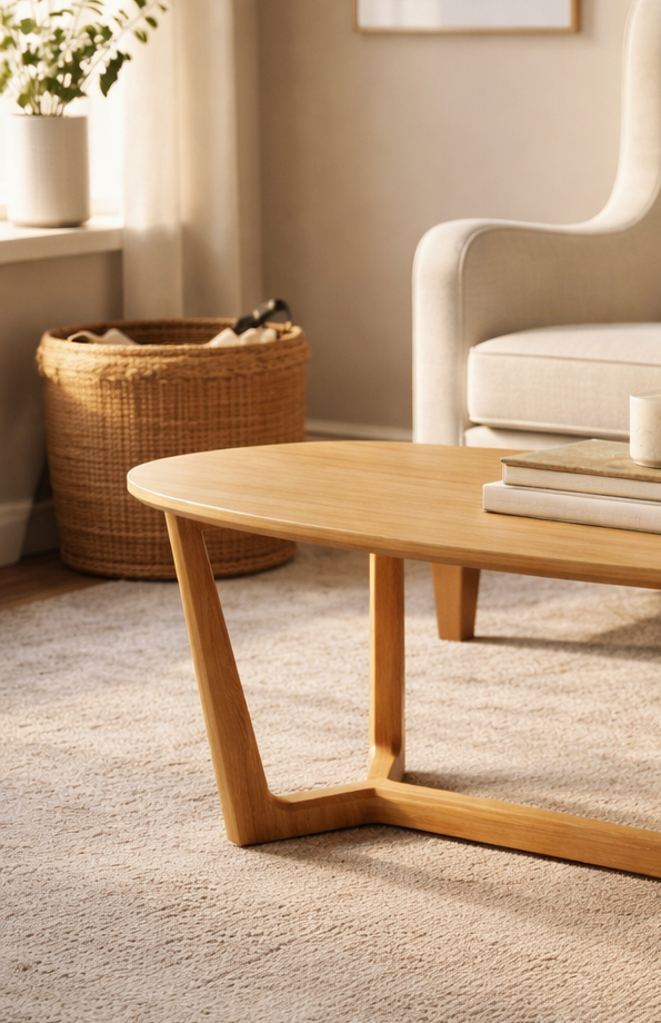 Oak coffee table shown in a care home lounge setting