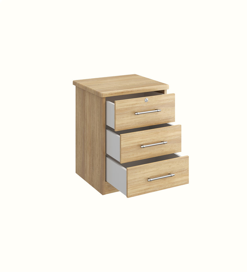 Karsson three-drawer bedside table for a care home bedroom, alternate view
