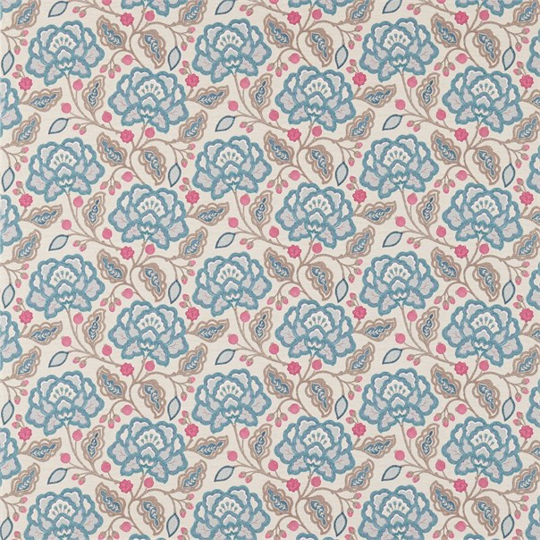 Close-up of Magnolia Teal Rose contract fabric sample for care home interiors