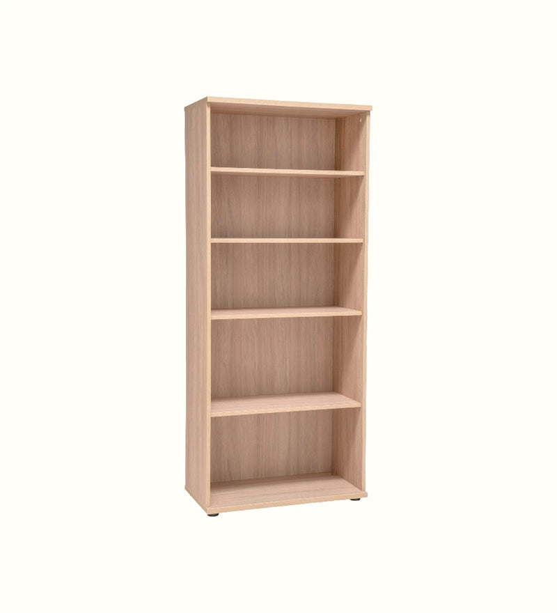 Five-shelf open cupboard in Amber Oak finish for a care home communal area shown open