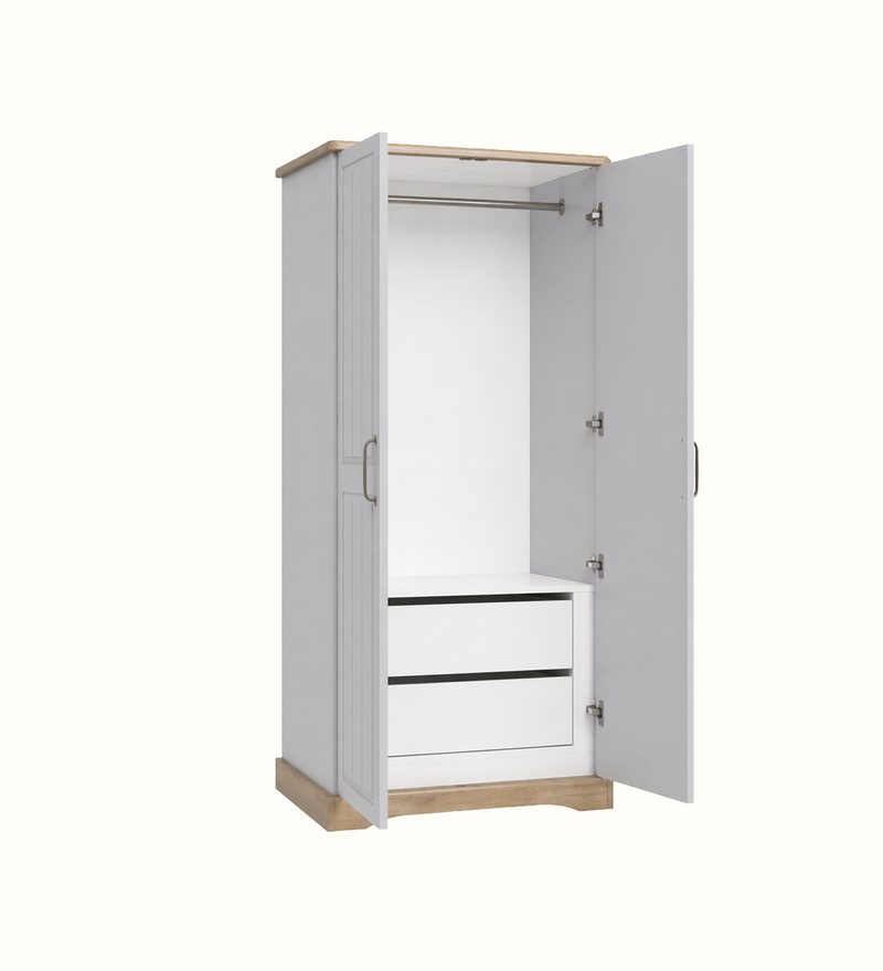 Dawson double wardrobe shown open with internal storage for a care home bedroom