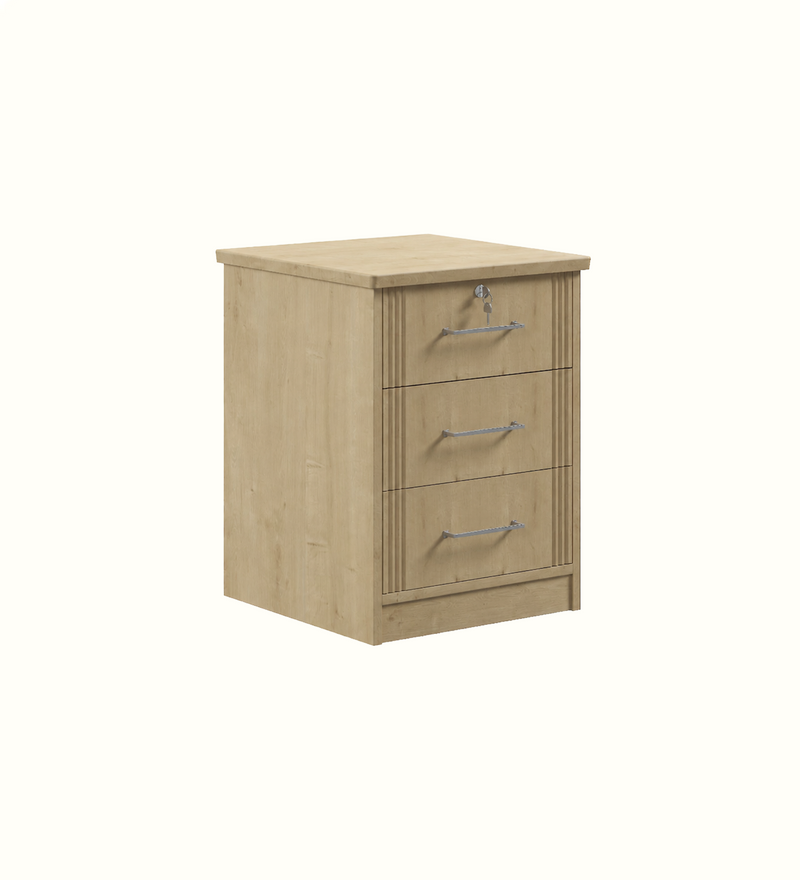 Ellington 3 Drawer Bedside for a care home bedroom, side view