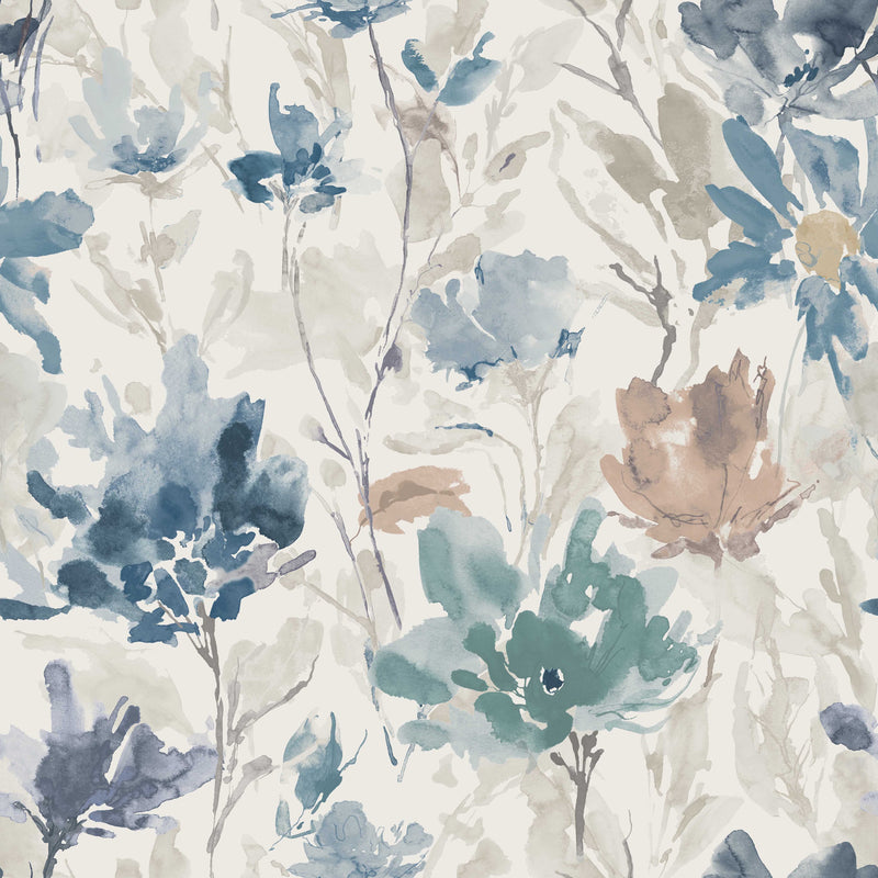 Close-up of Flora Slate Blue contract fabric sample for care home interiors