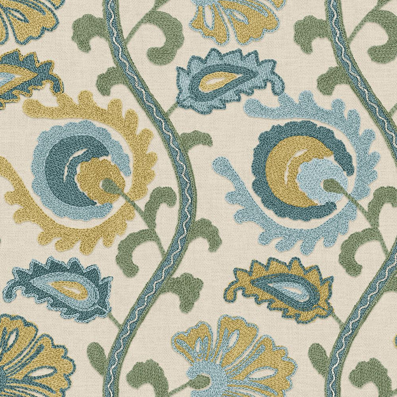 Close-up of Suzani Teal contract fabric sample for care home interiors