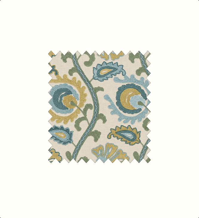 Suzani Teal contract fabric sample for care home interiors