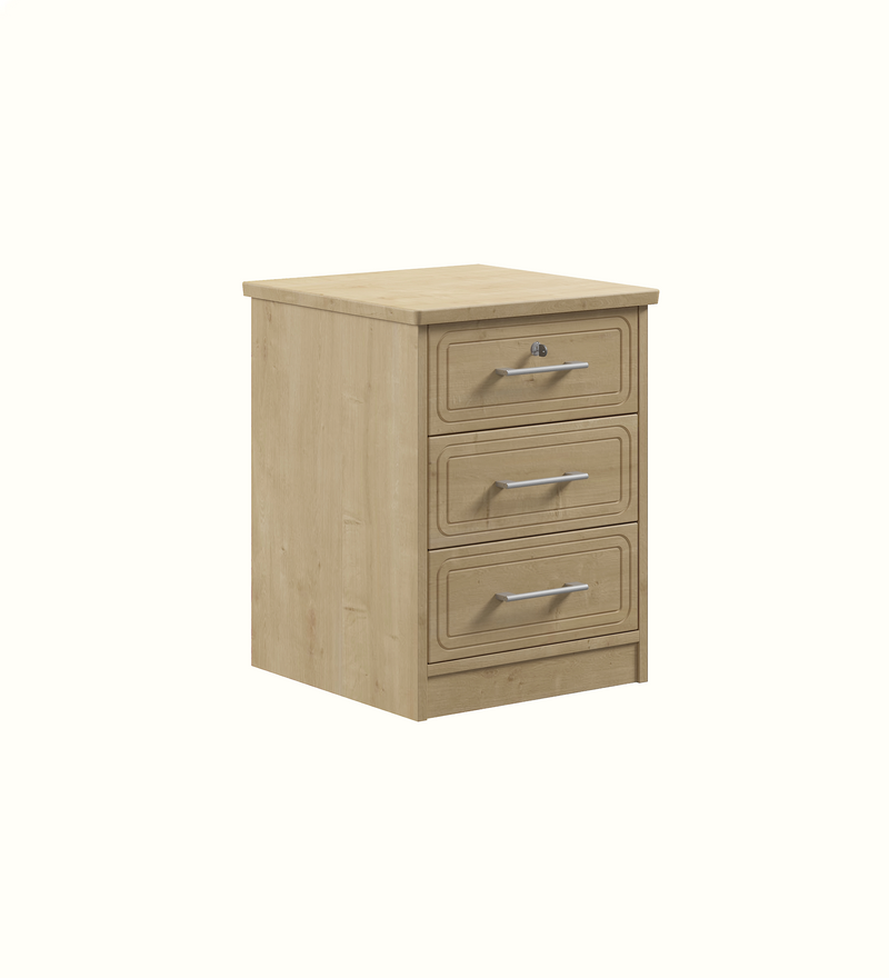 Tilbury 3 Drawer Bedside for a care home bedroom, side view